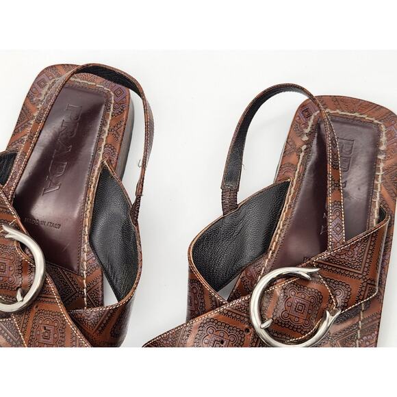 Prada - Cross Strap Leather Slingback Sandal Slide Low Heel Brown Size 40 - Picture 6 of 12